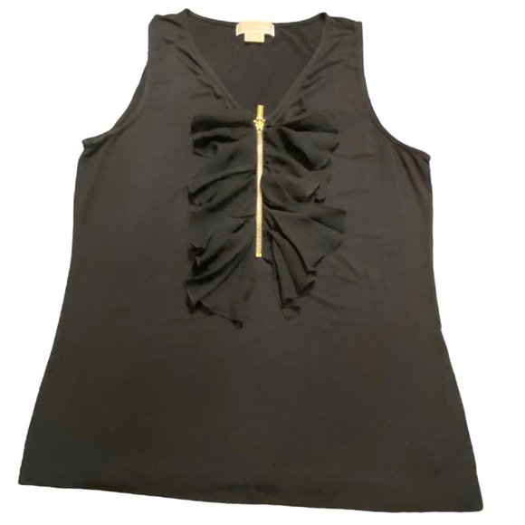 Michael Kors WomenTop Black Ruffle Front Sleeveless Gold Front Zip Shirt XL - Picture 2 of 10